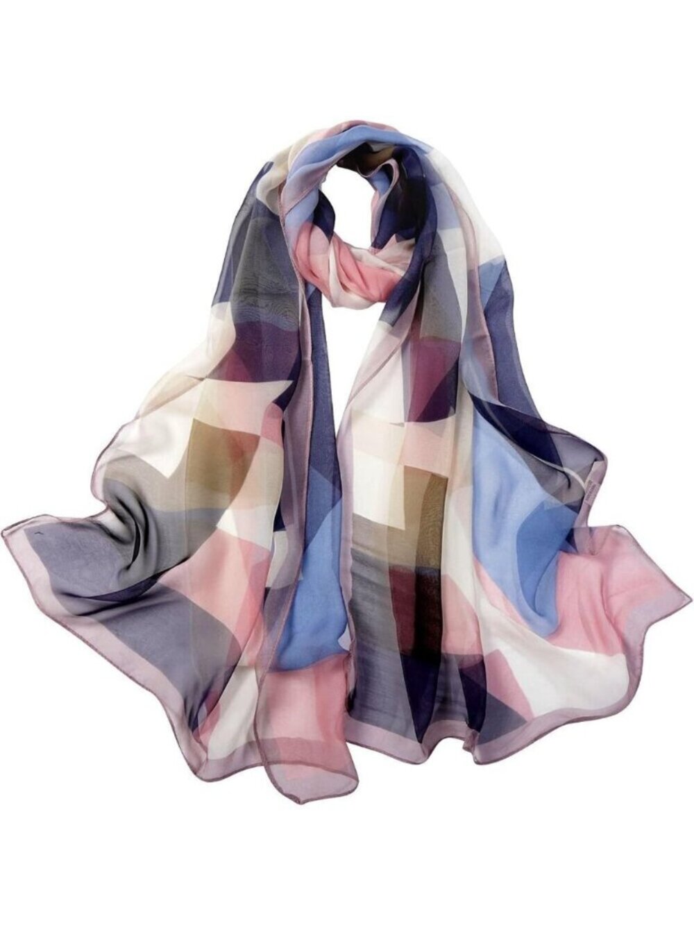 Women's Blue+pink Fashion Lightweight Head Scarf Floral Print Chiffon Scarves